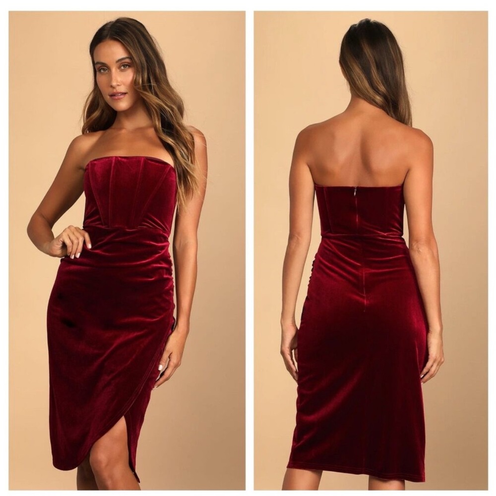 Lulus Glamorous Celebrations Velvet Strapless Tulip Dress in Wine Red Size M